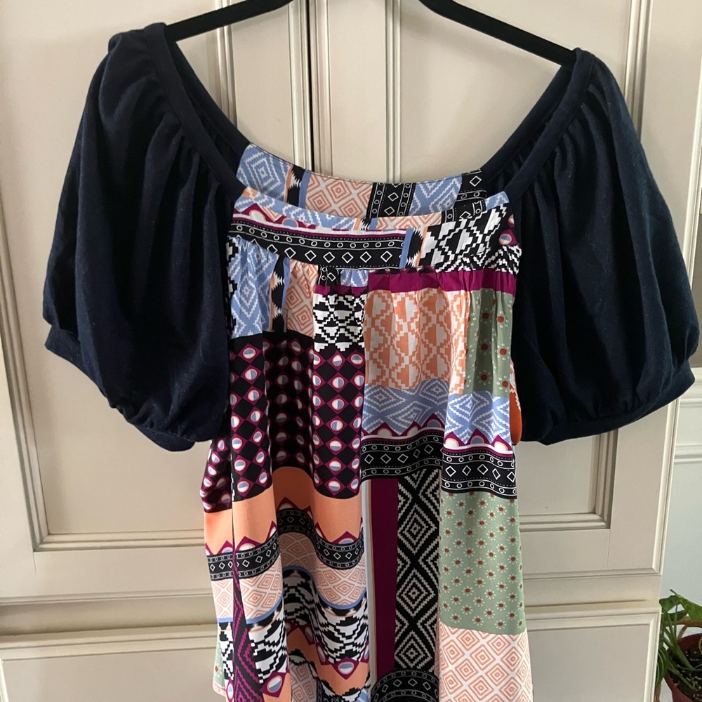 Maeve By anthropologie Multi Colored Patterned Top With Blue Shimmer Sleeves